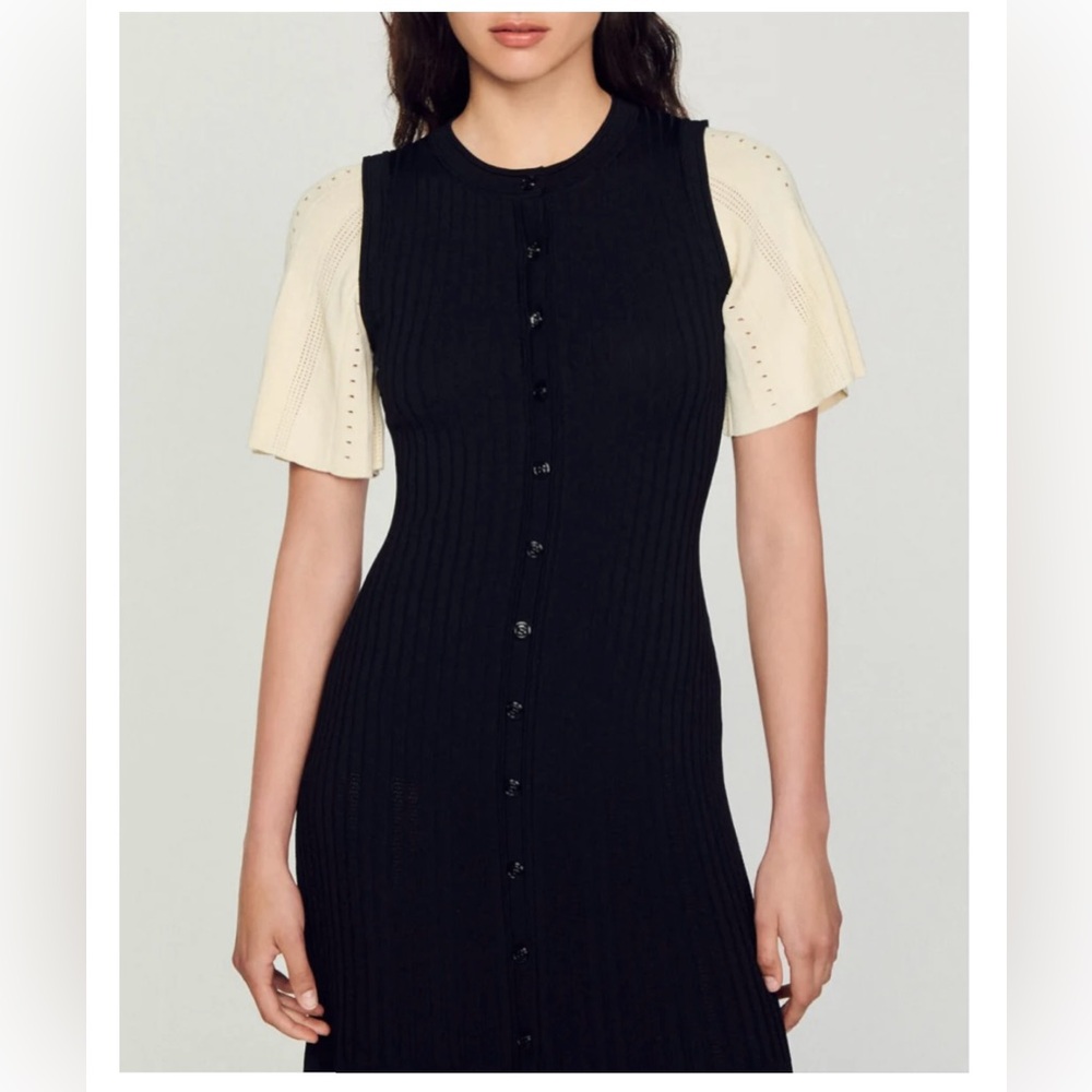 Sandro Black and Cream Pleated Midi dress 38 - Picture 4 of 11